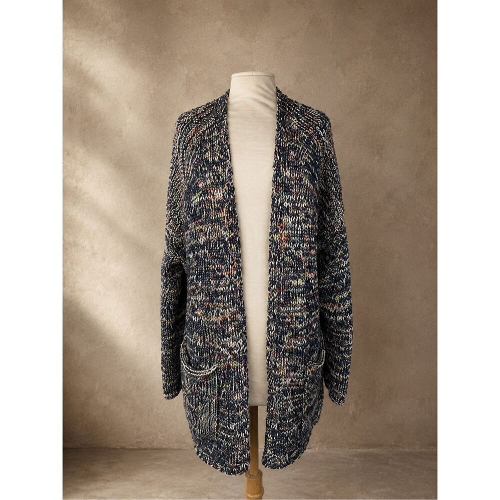 Caslon Sz M Spacedye Open Front Cardigan Navy Multicolor Marled Knit Sweater